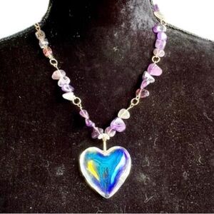 Bubble Glass Heart & Glass Amethyst & Cubes Necklace